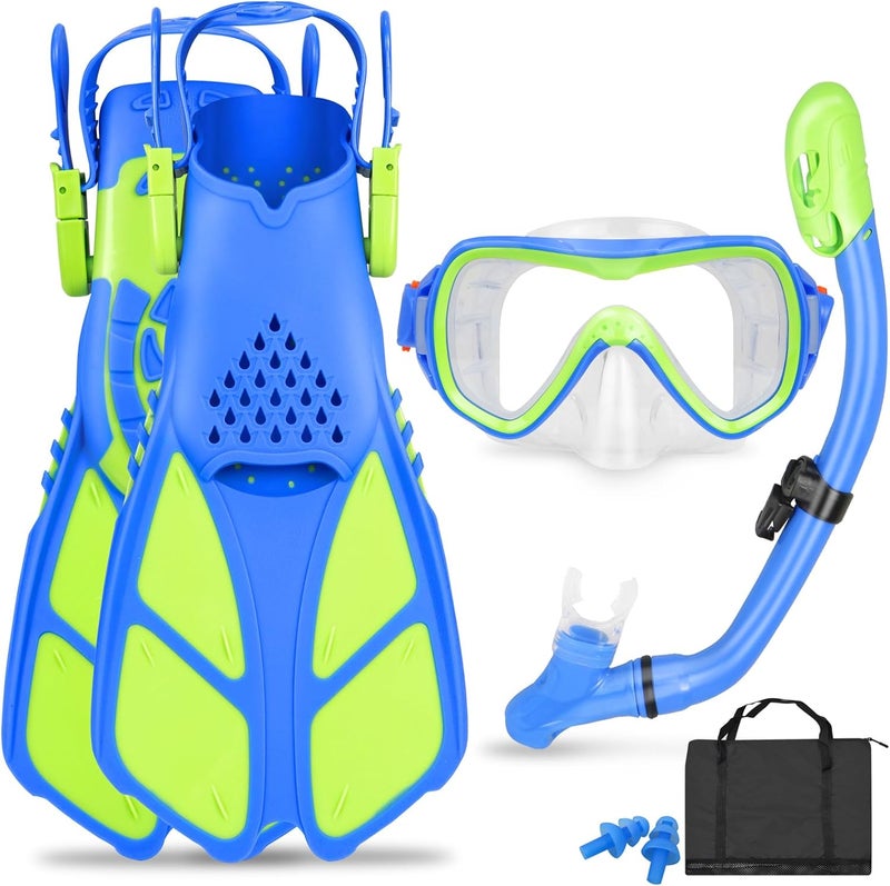 FosDero Kids Snorkel Set Mask Fins-Panoramic Snorkel Mask+Dry Top Snorkel+Adjustable Swim Fins+Mesh Bag+Earplugs for Boys Girls, Junior Snorkeling Gear for Kids Ages 5-14 - Image 1